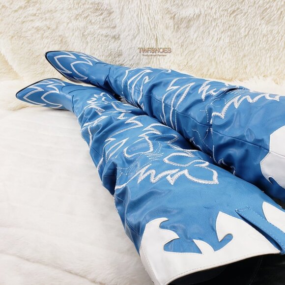 Turquoise Blue Embroidered White Western OTK Thigh High Slouch Cowboy Boots - Picture 8 of 15